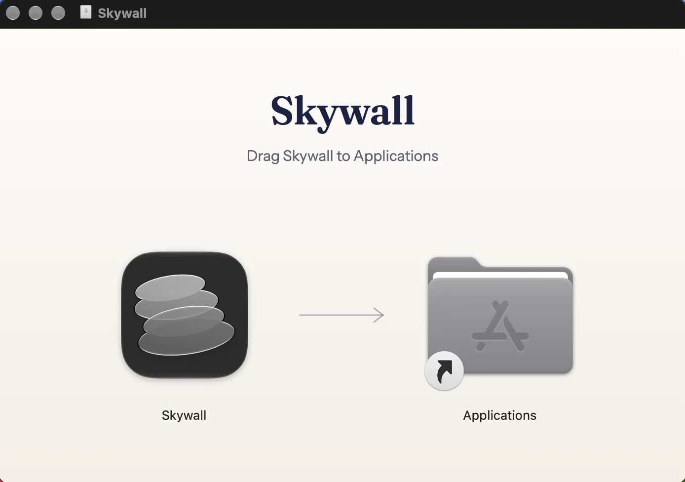The Skywall disk image, with the app beside the Applications folder