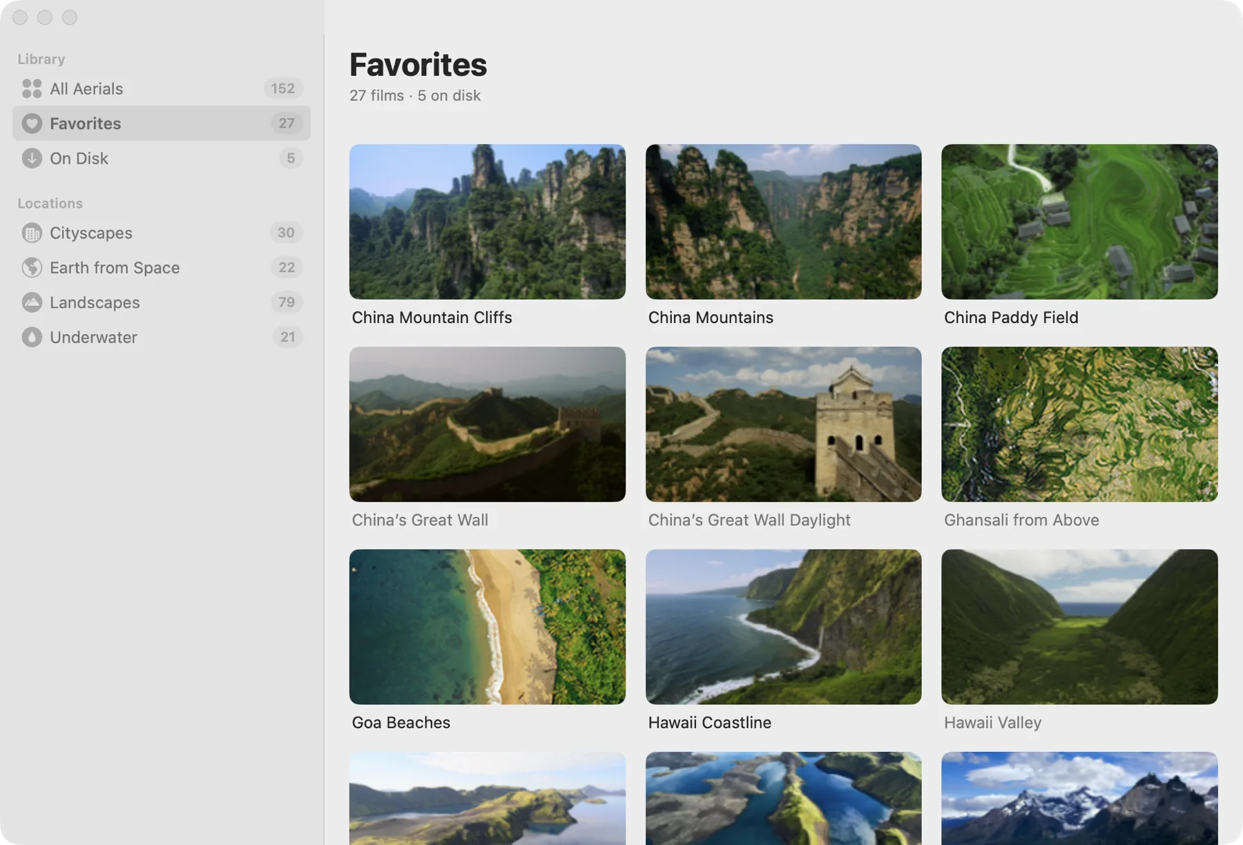 Skywall showing the aerials kept as favorites